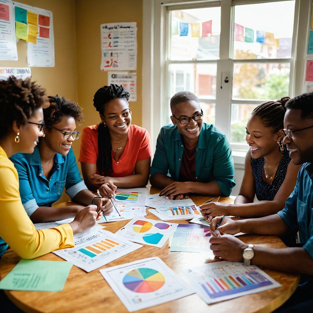 A diverse group of community members gathered around a table, engaged in a vibrant discussion about financial literacy, with colorful charts and pamphlets depicting credit union services scattered on the table. Soft sunlight filters through a window, illuminating their faces, showing expressions of curiosity and empowerment. The background features a chalkboard with financial tips written in vibrant colors. super-realistic. warm tones. community atmosphere.