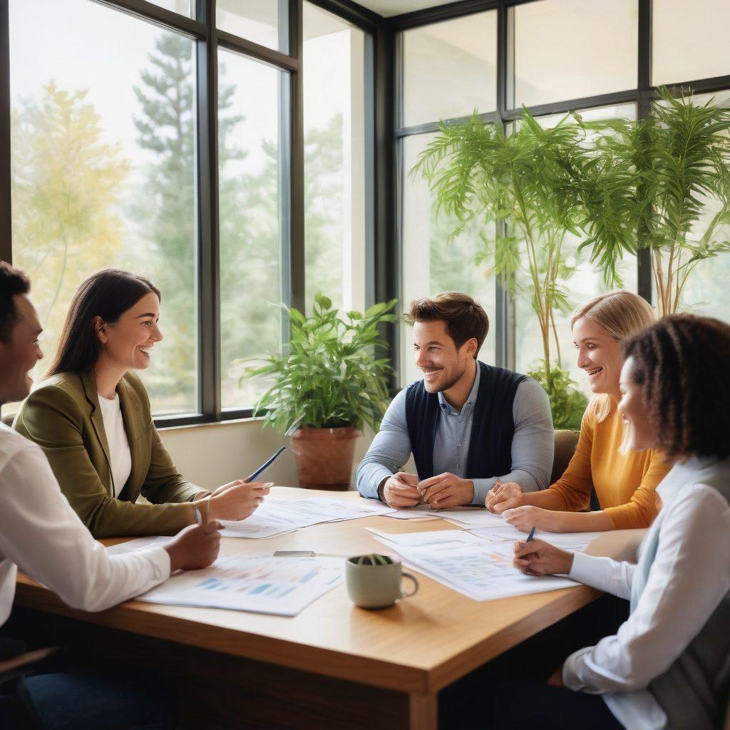 A warm and inviting scene depicting a diverse group of people collaborating in a cozy community bank office. They are engaging in discussion, with charts about financial growth on the walls and hands filled with shared documents. Soft natural light filters through large windows, illuminating their smiling faces. Various plants add a touch of greenery, symbolizing growth and strength of community bonds. watercolor painting. vibrant colors.