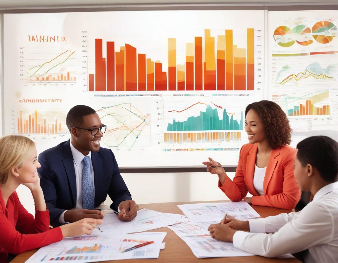 A diverse group of people engaged in a lively discussion, surrounded by charts and financial graphs symbolizing wealth building. The backdrop features a community center with a welcoming atmosphere, highlighting teamwork and collaboration. Include elements of banking support, like a friendly banker assisting a family with finances. Vibrant colors. community style. engaging and optimistic.